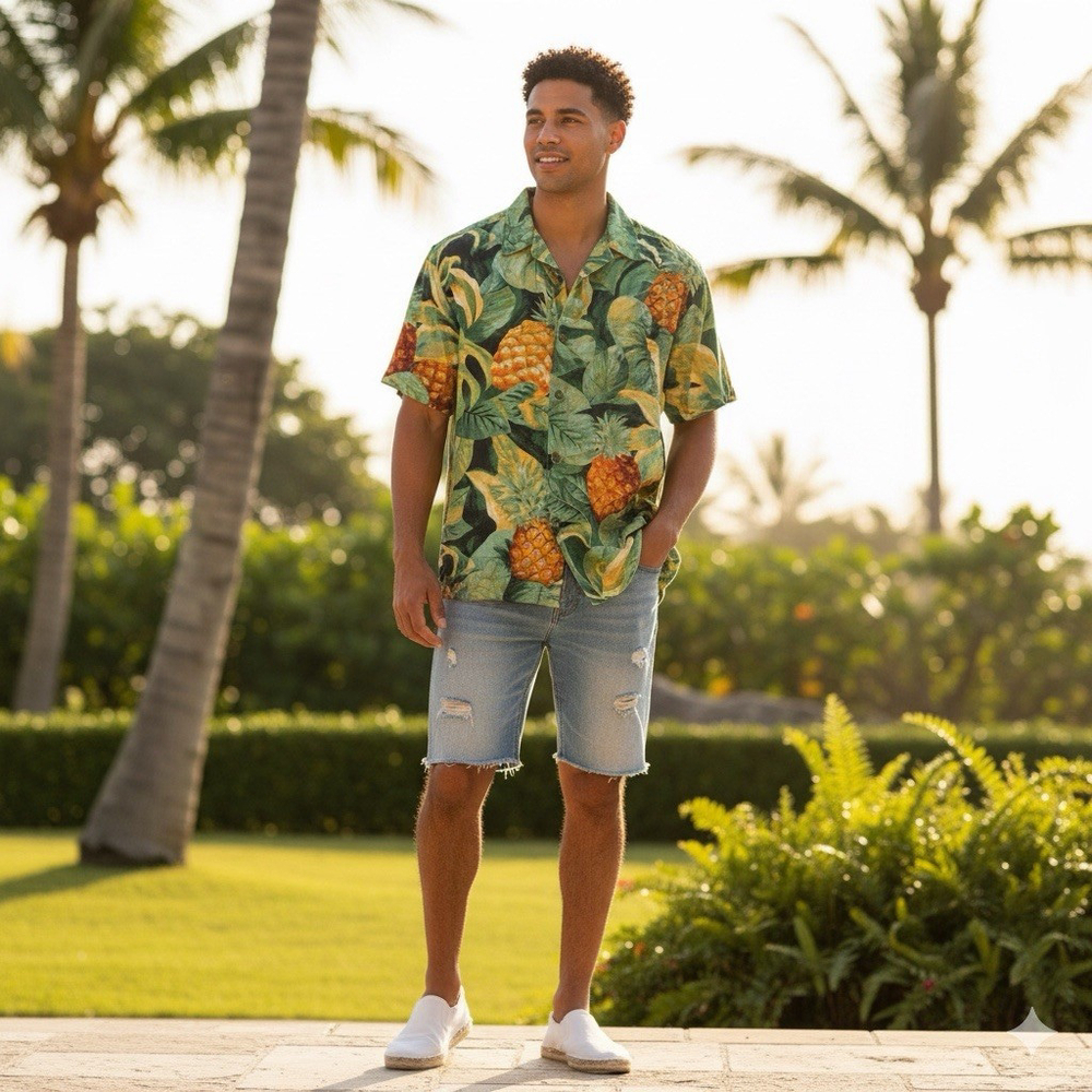 Rare Jam's World 60yr Hawaiian Pineapple Print Short Sleeve Shirt Men's Large A1